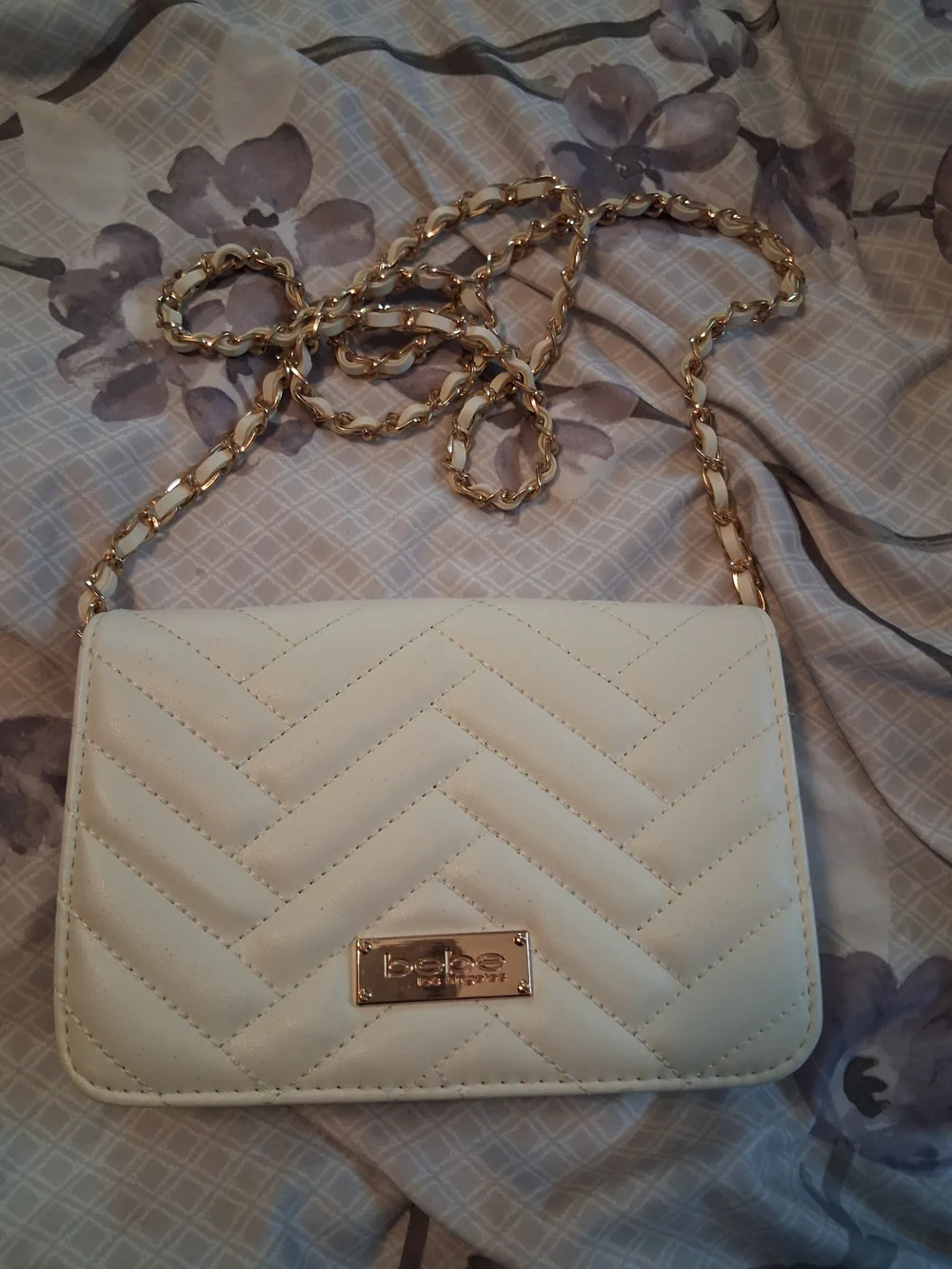 bebe Cream Quilted Crossbody Wallet with Gold Plate